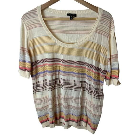 Escada Sport Ivory Multi Stripes Short Sleeve Knit Top Women's Size XL - Picture 1 of 7